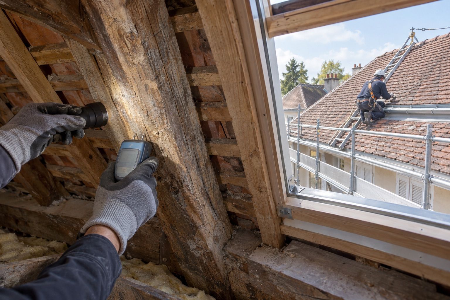 Dans les combles, mains gantées inspectant des chevrons en bois avec une lampe et un humidimètre.