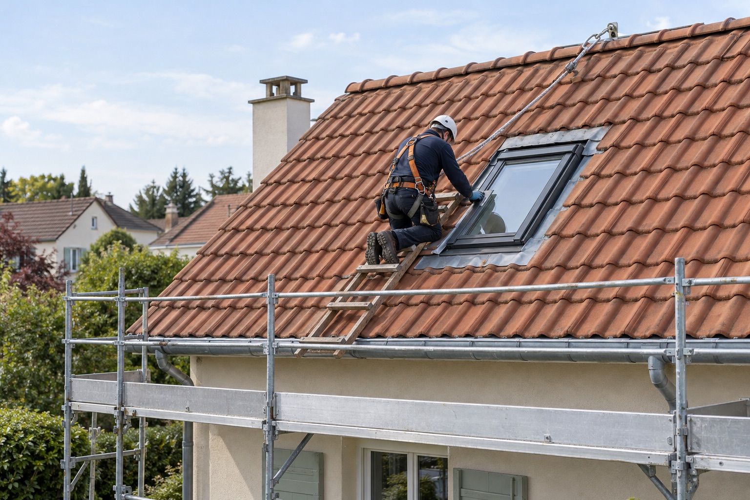 Fenêtre posée sur toiture tuilée, couvreur agenouillé sur planches, harnais fixé au faîtage, garde-corps en contrebas.