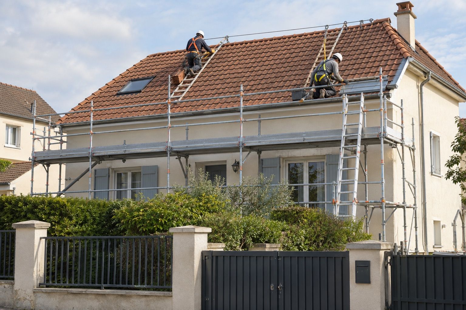 Maison individuelle, échafaudage intégral avec garde-corps, deux couvreurs sur tuiles attachés à une ligne de vie.