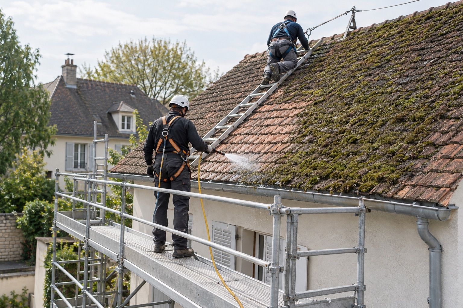 Couvreur sur échafaudage avec garde-corps nettoyant des tuiles moussues au pulvérisateur à basse pression.