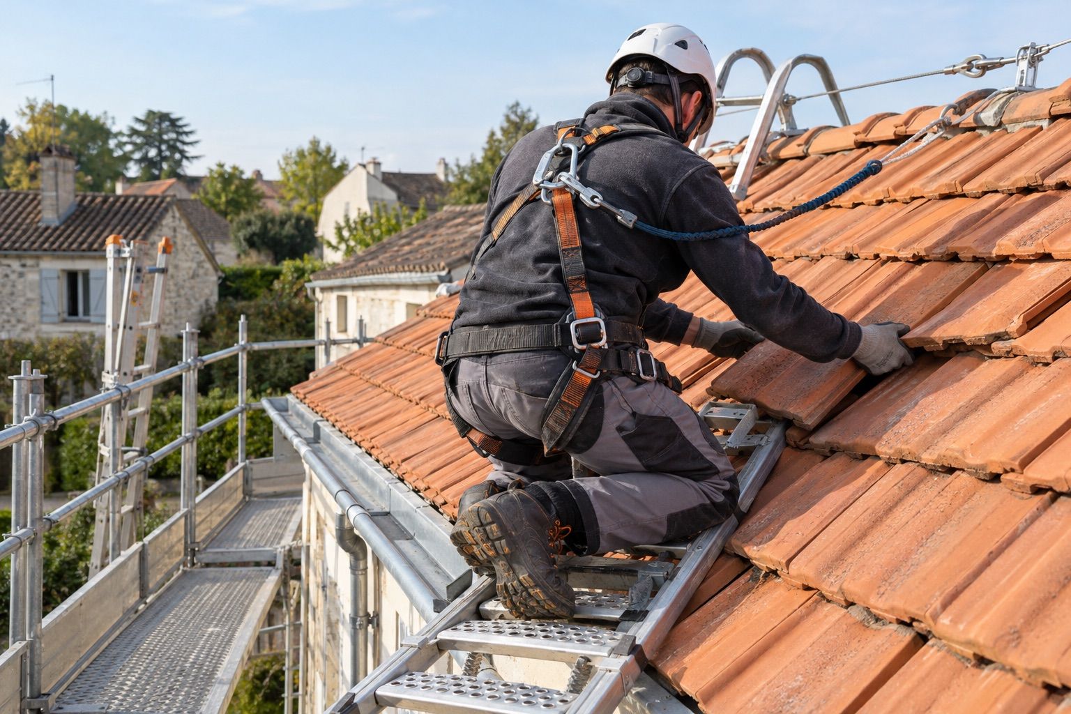 Mains gantées glissant une tuile neuve en terre cuite, sangle de harnais et longe visibles.