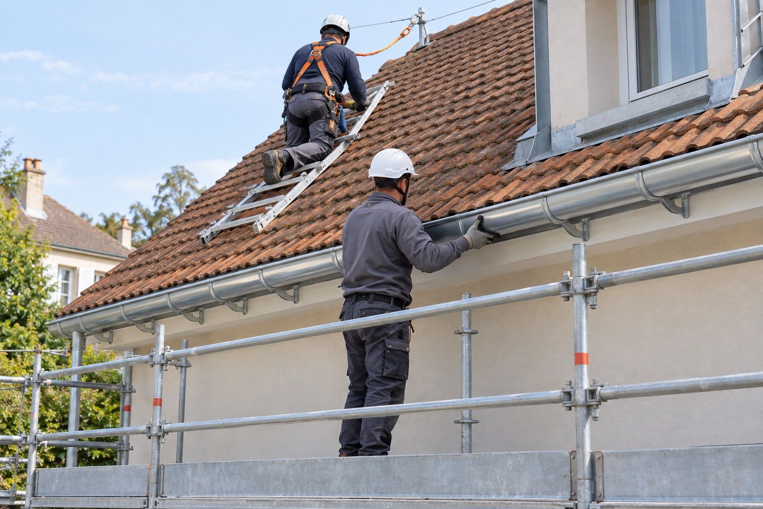 Couvreur casqué et ganté sur échafaudage avec garde-corps, installant une gouttière demi-ronde en zinc.